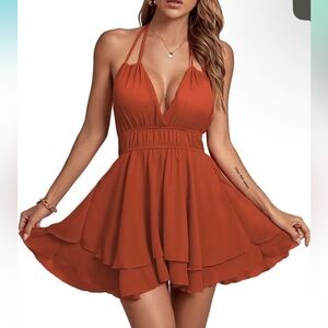 Women's Halter Deep V Neck Backless Ruffle Sleeveless Sexy,Skater Mini Dress